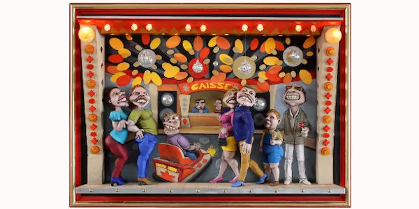 Miniature d'un tableau en hauts reliefs de Karine Bracq : Roulez Jeunesse ! Un tableau en carton pâte et éléments recyclés
