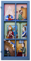 Convoitises, un tableau en bas-relief réalisé en carton pâte et sur chassis de fenêtre par l'artiste Karine Bracq
