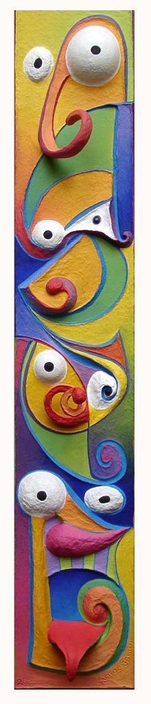 Quatuor Carnavalus est un tableau bas relief graphique en carton pâte sur bois de Karine Bracq, artiste plasticienne à Gravelines